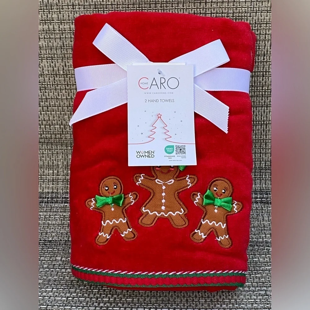 CARO HOME Christmas Holiday Red Gingerbread 100% Cotton Hand Towel Set 2pc